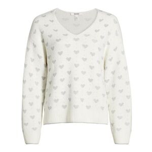 Splendid Cream V-Neck Sweater with Gray Heart Pattern
